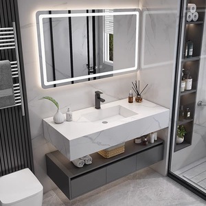 Muebles de Baño Modernos de Lujo, Gabinetes de Madera Contrachapada Montados en la Pared, Encimera de Pizarra, Mueble de Baño Flotante para Hotel o Apartamento con Lavabo Doble - Product Image 5