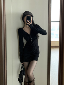 Nuovo <span class=keywords><strong>abito</strong></span> <span class=keywords><strong>nero</strong></span> a maniche lunghe con gonna corta aderente per abiti di moda donna - Product Image 2
