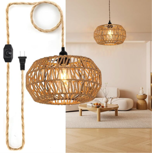 Ferme tissé rotin suspension <span class=keywords><strong>lampe</strong></span> Vintage moderne papier corde lustre brancher sur <span class=keywords><strong>prise</strong></span> <span class=keywords><strong>murale</strong></span> pendentif luminaire - Product Image 1