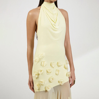 Robe longue élégante jaune pour femme ZYHT 73367, col halter, ornements floraux 3D, panneau en maille transparente, froncée, pour les soirées