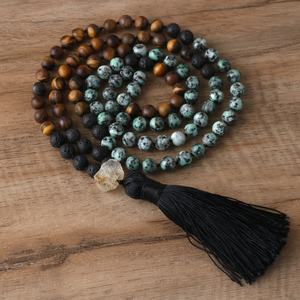 女性のための可憐なマラネックレス男性手作りタッセルペンダントノットマットナチュラルタイガーアイヤー108ビーズネックレス - Product Image 1