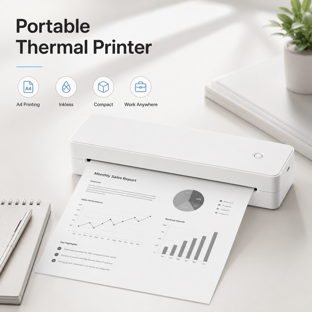 Portable A4 Thermal Printer GD80, Inkless Mobile Document Printer, Rechargeable Printer for Office, School & Travel