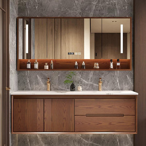 Wholesale Mid-CenturyModern Wood Bathroom Vanity Set With LED Mirror Display 60 In Wall Mounted Contemporary - Product Image 1