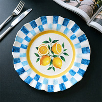 Assiette plate en céramique style peinture à l'huile, couleur sous-glaçure, motif citron givré, style rétro américain à grille, pour fruits, steak et salade, pour la maison