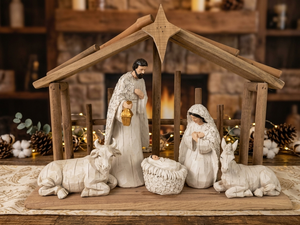 3-Piece <strong>Nativity</strong> Holy Family with Wooden Stable, <strong>Minimalist</strong> White Resin Figurines, Farmhouse Christmas Manger Home Decor - Product Image 3
