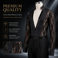 Chemise de danse latine/de salon pour homme à manches longues, en fibre de polyester antibactérienne, avec dentelle ornée de strass et empiècements multicolores