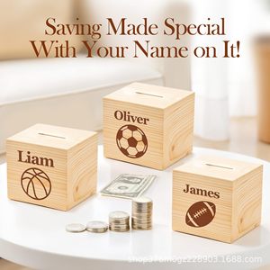 Hucha Cuadrada de Madera, Color Natural, Diseño de Fútbol Grabado, Nombre Personalizado Oliver, Caja de Ahorros para Niños de 5 a 7 Años - Product Image 2
