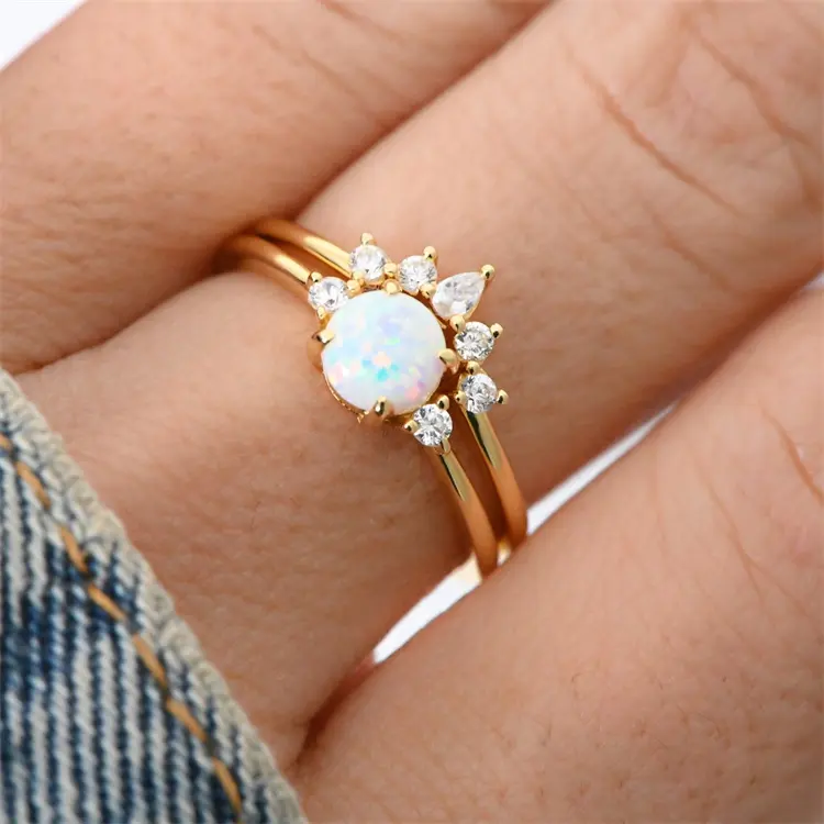 Sierlijke Natuurlijke Edelsteen Fijne Sieraden 925 Sterling Zilveren Opaal Stapelband Ring Voor Vrouwen