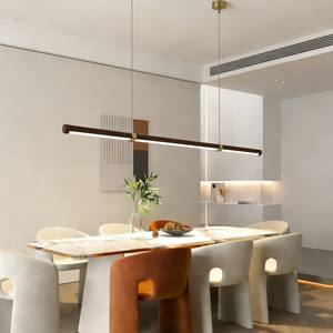 Lámpara de Techo Nórdica de Cobre para Sala de Estar, Diseño de Grano de Madera, Lámpara Colgante Lineal para Restaurante y Sala de Estar - Product Image 1