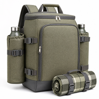 Sac à dos isotherme pour pique-nique en toile vert armée avec couverture et deux porte-bouteilles pour le camping, les activités de plein air et la famille
