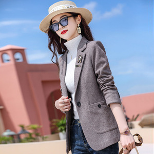 Houndstooth Blazer Women Grey Reddish Brown Lattice Polyester Fiber Anti Wrinkle Short Casual Spring Autumn Fit Petite Figures - Product Image 1