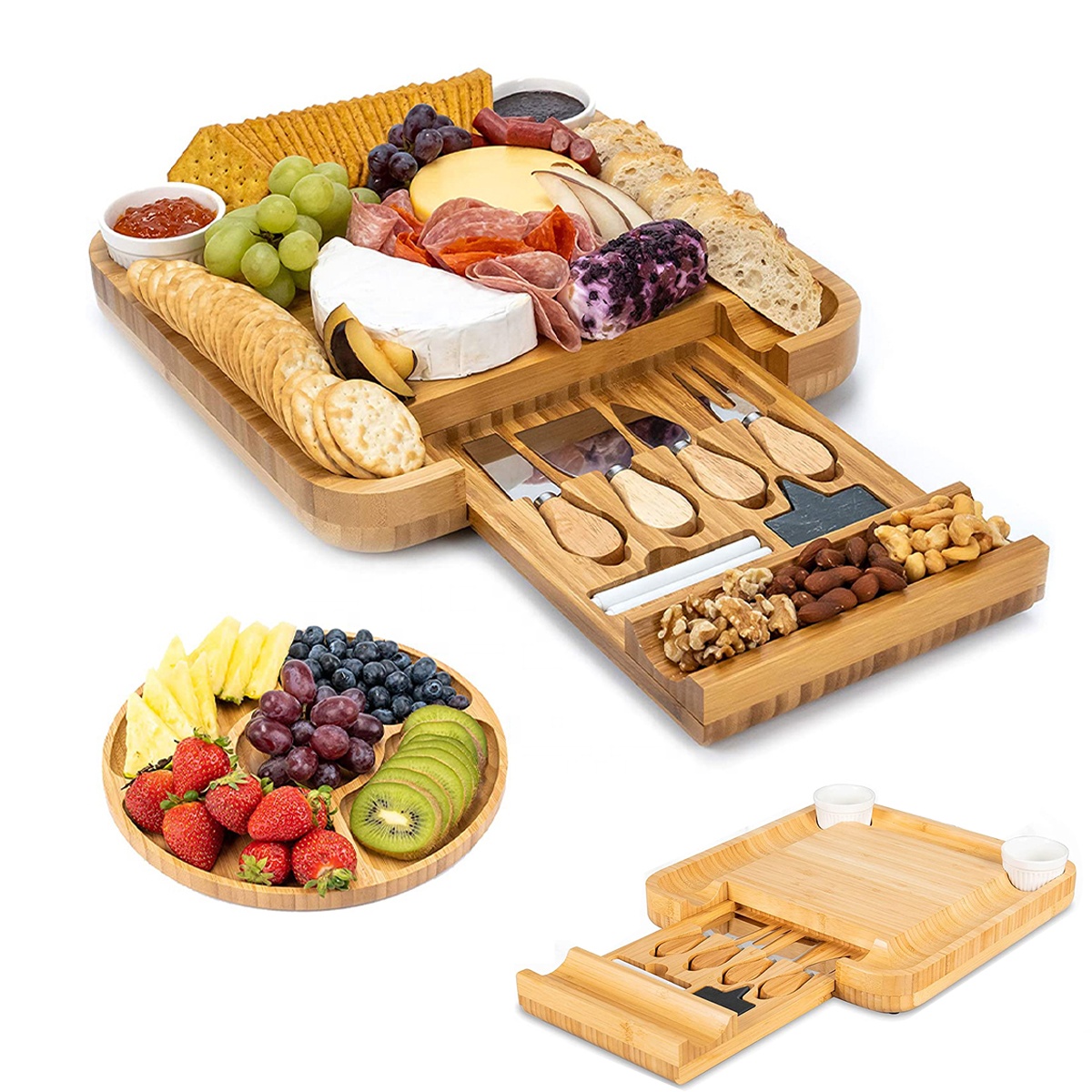 Доска для резки бамбукового сыра BSCI LFGB с набором ножей и подносом