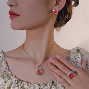 Vintage Fashion Eco-friendly Copper Cut 14-10MM Red Cubic Zirconia <b>Sunflower</b> Pendant Earrings <b>Rings</b> Set for Wedding/Party - Product Image 6