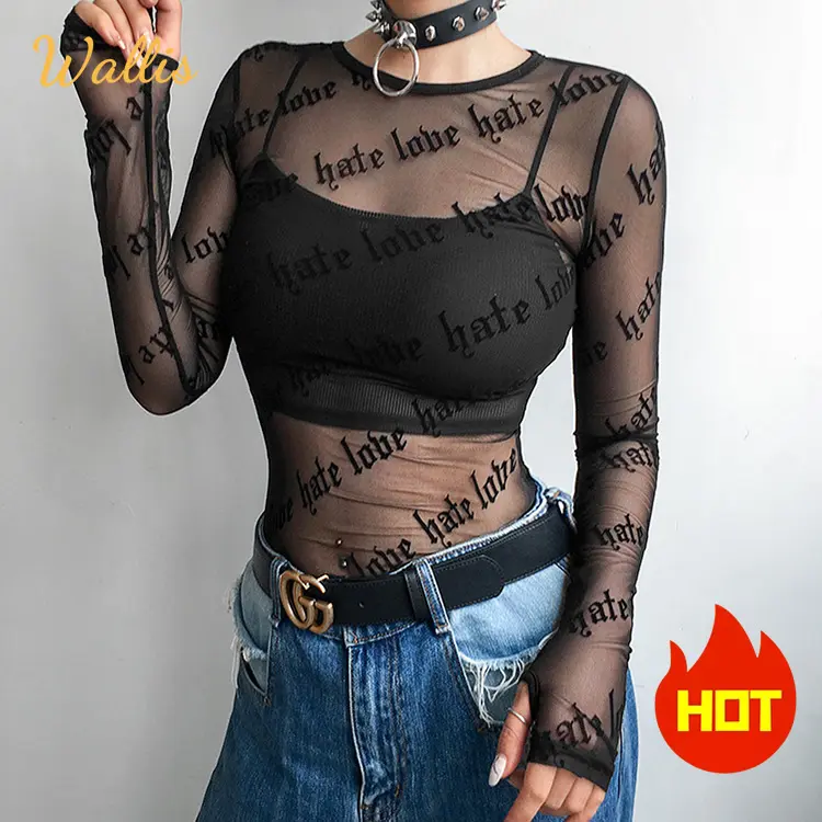 Sexy Women Blouses Mesh T-Shirts See Through Perspective Tshirt Letter Printed O Neck Transparent Long Sleeve T Shirt Tops