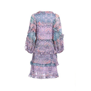 Haute qualité été à volants 3/4 manches col en V Double couches maille Blouses coupe ample fluide tunique imprimé fleuri robes pour les femmes - Product Image 2