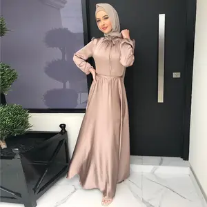 Gaun Maxi Satin wanita Muslim, gaun malam elegan, gaun Satin Maxi warna polos Timur Tengah