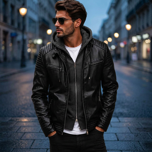 Chaqueta de Moto con Capucha de Cuero Negro para Hombre, Corte Ajustado, Resistente al Viento, Color Sólido, Bolsillo Delantero, Estilo Casual para Otoño - Product Image 4