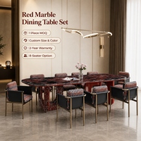 Ensemble de table à manger en marbre rouge moderne de luxe avec 8 chaises, plateau ovale en pierre pour la maison et l'hôtel