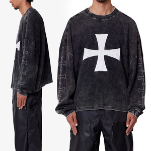 KingSen Wholesale High Quality <b>Men's</b> Autumn Thermal Crew Neck Fleece Sweatshirt Breathable Printed Acid Washed Loose Street Wear - Product Image 1