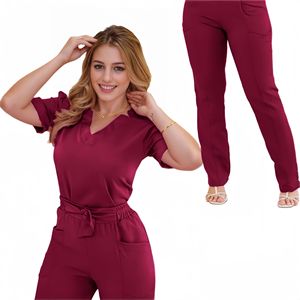 HZMNOI Women's Nurse Uniform Set V-neck Solid Color Moisture Wicking Hospital Workwear Two-Piece Loose Comfortable Summer Pants - Product Image 1