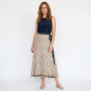 Women's Floral Print A-Line Midi Skirt Navy Belt Sexy Club Style Art Silk <b>Wrap</b> Design Soft Polyester Fabric Feathers Beading - Product Image 1