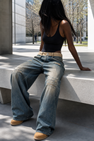 Celana Denim Longgar Desain Pinggang Berlapis Celana Robek Fashion Streetwear Estetika Y2K