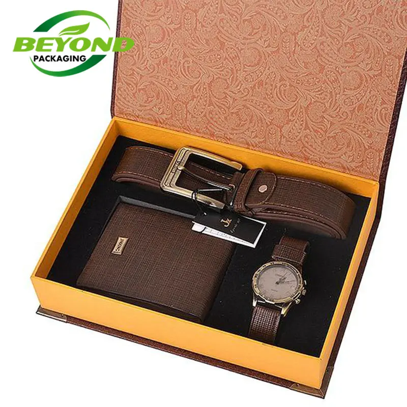 Personnalisé De Luxe De Mode Logo Imprimer Kraft Papier Hommes Ceinture En Cuir Montre et Portefeuille Emballage Magnétique Boîte Cadeau pour Coffrets Cadeaux