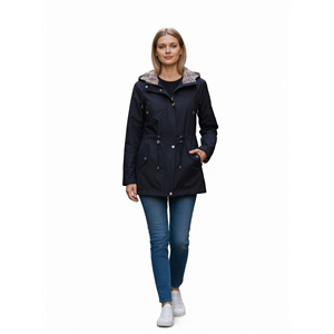 Vetre - Gabardina Corta con Capucha Azul Marino para Mujer, 80 cm, Tallas 42-52, Repelente al Agua, Forro a Cuadros, Cierre de Cremallera y Botones a Presión - Product Image 3