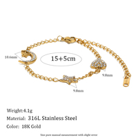 Bracelet en acier inoxydable plaqué or 18 carats avec diamants, motif cœur, étoile et lune, style minimaliste et tendance Europe et Amérique