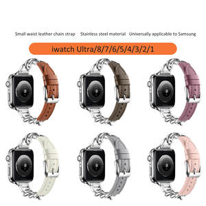 Correa de Pulsera de Cuero Genuino con Cadena de Metal y Acero Inoxidable para Apple Watch Band 38 40 41 42 <span class=keywords><strong>44</strong></span> 45 49 <span class=keywords><strong>Mm</strong></span> <span class=keywords><strong>Iwatch</strong></span> Ultra 2 <span class=keywords><strong>Se</strong></span> 9 8 7 - Product Image 2