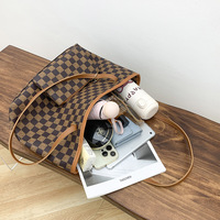Fashion tas tote kulit PU wanita pola kotak-kotak, tas tangan kapasitas besar, tahan air, set 2 buah
