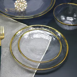סט צלחת ארוחת ערב מזכוכית שקופה בסיטונאות עם שוליים זהב מטען כלי שולחן עגול לחתונות עיצוב בהשראת פירות
