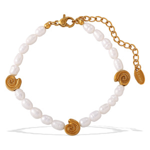 Conjunto de Collar y Pulsera de Perlas de Agua Dulce con Conchas Marinas Doradas Estilo Playa Francesa, Joyería de Moda para Mujer, Acero Inoxidable, Oro de 18K - Product Image 5