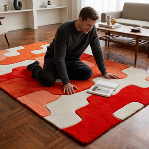 Tapis moderne en laine et coton de couleur unie, doux, à blocs de couleur, antidérapant, écologique, fait main pour salon et chambre à coucher - Product Image 2