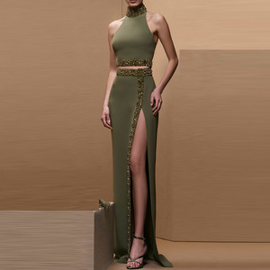 2025 primavera estate abiti firmati da donna Set completi verdi Pour Femmes Top con perline all'americana e gonna lunga a fessura Set 2 pezzi - Product Image 1