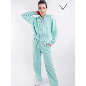 Conjunto Deportivo Vetega para Mujer, Sudadera con Capucha y Cierre de Cremallera, Cuello Redondo, Color Sólido, Pantalones, Ajuste Holgado y Elasticidad Media - Product Image 1