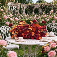 Chemin de table floral artificiel en soie, roses et dahlias bordeaux et orange, pour décoration de centre de table de mariage et de salle à manger