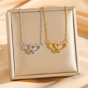 Collar De Acero Inoxidable Gold Plated Stainless Steel Double Heart-shaped Diamond Necklace <b>Titanium</b> Plated Steel Clavicle <b>Chain</b> - Product Image 1