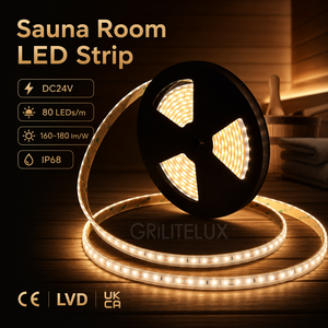 Tira de LED para Sauna SMD3030 DC24V 80LEDs/m 12mm IP68 110 ° Rollo de 5m Resistente a Altas Temperaturas para Salas de Sauna - Product Image 1