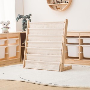 Étagère à livres en bois pour bébé, 33x15x85cm, support de rangement sur pied pour chambre d'enfant, organisateur de lecture avec poches en tissu - Product Image 2