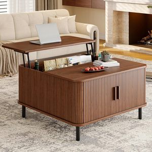 Mesa de centro plegable elevable de madera de nogal, diseño moderno minimalista, multifuncional para sala de estar, de madera maciza. - Product Image 1