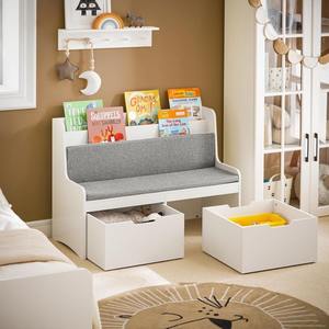 Vente en gros fiable banc de rangement pour enfants 2 en 1 siège en bois blanc coffres à jouets avec étagères de coussin de dossier pour chambre salle de jeux - Product Image 3