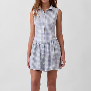 Robe chemise courte en lin mélangé pour femme, taille basse, décontractée, couleur unie, broderie à la main, respirante, tissée, pour l'été, usage quotidien - Product Image 1