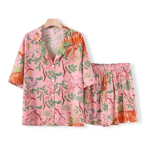 2024 Summer Soft 2-teilige Nachtwäsche Tiger Animals Print Shorts Pyjamas Damen Home Suit Bequemes Baumwoll-Viskose-Pyjama-Set