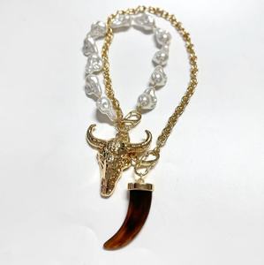 <span class=keywords><strong>Collana</strong></span> <span class=keywords><strong>con</strong></span> Pendente Hip Hop in Oro a Forma di Dente di Tigre, <span class=keywords><strong>Lupo</strong></span> o Testa di Toro, <span class=keywords><strong>con</strong></span> Doppia Catena, Perle e Agata Marrone, Gioiello di Lusso per Feste Femminili - Product Image 3