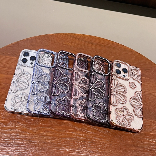 Fancy Diamond Flower Chrome case Back Cover for iPhone 15/15 Plus/16/16 Promax