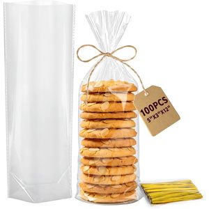 Flat Bottom Cellophane <b>Bags</b> 5x3x12 Inches <b>Clear</b> With Twist Ties 100 Pcs For Gift Packaging - Product Image 1