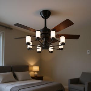 Ventilador de techo LED moderno de hierro marrón de 22 pulgadas con 5 aspas y luces cilíndricas para dormitorio, sala de estar, decoración del hogar - Product Image 2