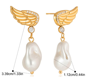 Pendientes de Oro con Alas de Ángel de Acero Inoxidable con Perla Barroca y Alas con Circonitas Pavé, Pendientes Colgantes Vintage, Joyería Simbólica para Mujer - Product Image 5