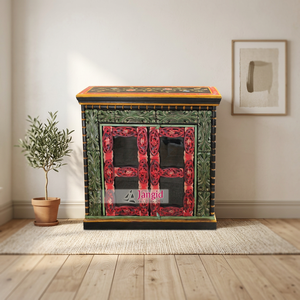 Armoire de rangement vintage en bois massif peinte à la main avec porte sculptée, meuble artisanal pour cuisine et salon - Product Image 1